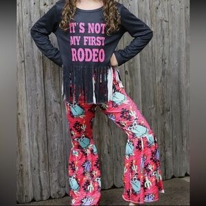 Its Not My First Rodeo Black Pink Long Sleeve Fringed Shirt and Pant Set